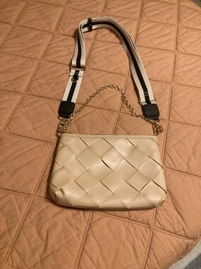 Woven Vegan Leather Crossbody Bag in Cream with Chain and Strap